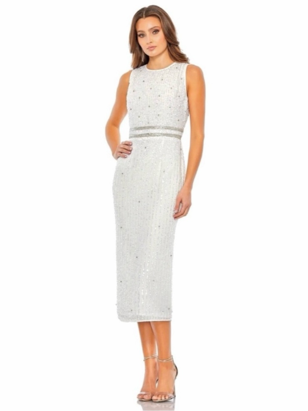 MAC DUGGAL Sleeveless High Neck Beaded Midi Sheath Dress NEW Size 4